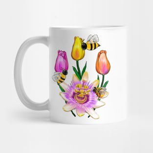 Bee themed gifts for women men and kids spring tulips Blue crown Passion plant pattern flower bumble bee - save the bees Mug